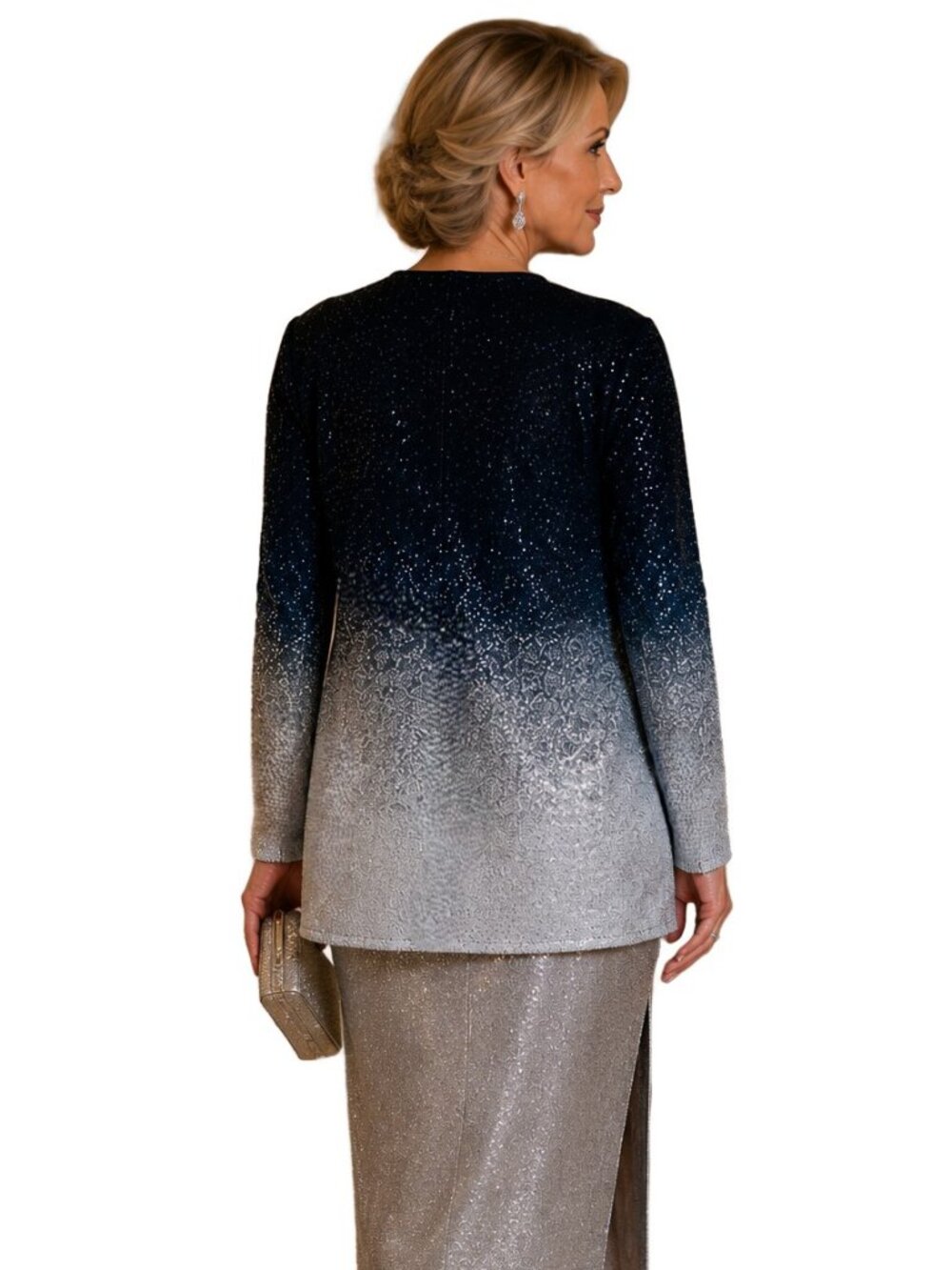 ST JOHN Navy Sparkle Silver Ombré Knit Cardigan Evening Glamour Jacket Luxe Sz L - Picture 6 of 8